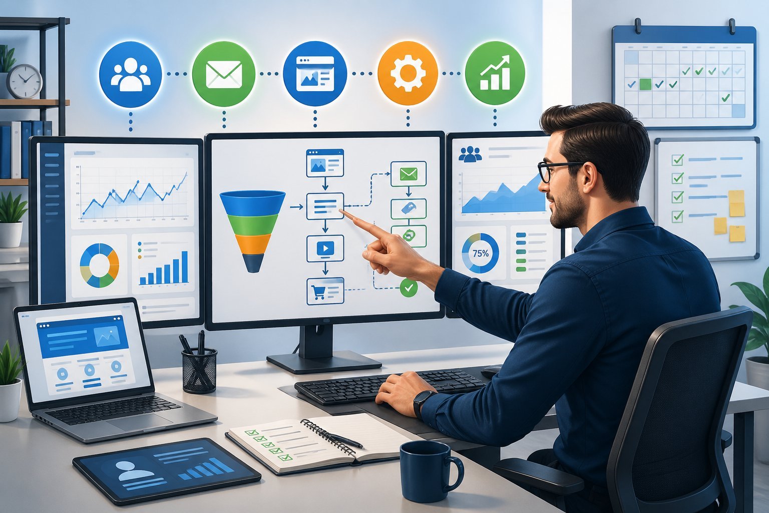 A person working at a desk with multiple screens showing sales funnels and marketing charts, surrounded by icons representing digital marketing services.