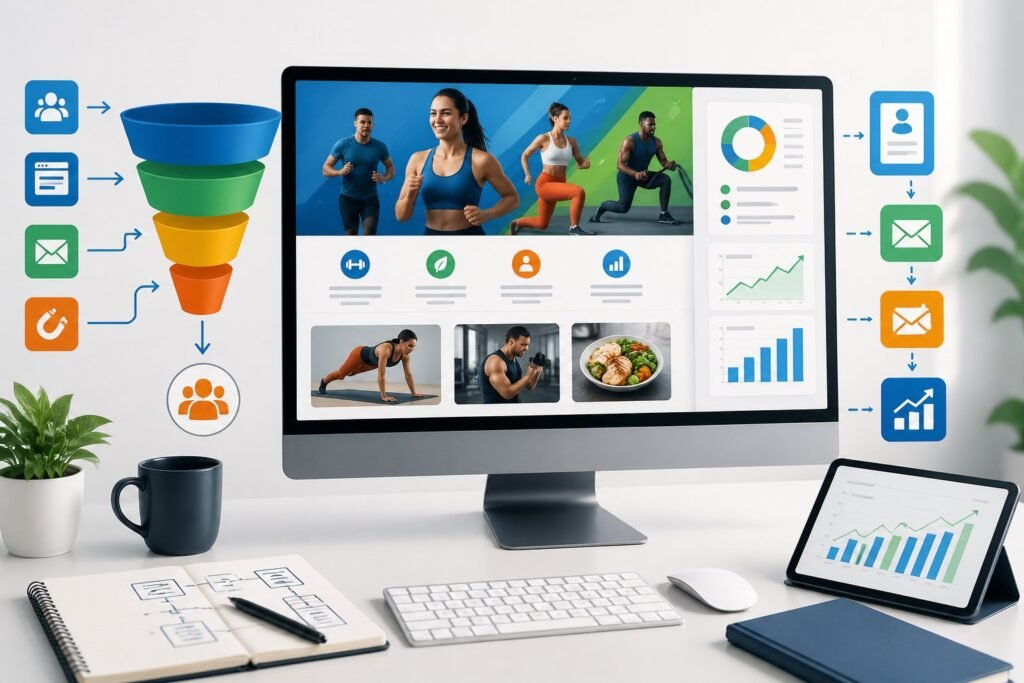 A digital workspace showing a computer screen with a fitness website template, surrounded by icons and charts representing online marketing and sales funnels.