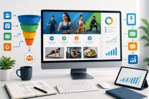 A digital workspace showing a computer screen with a fitness website template, surrounded by icons and charts representing online marketing and sales funnels.