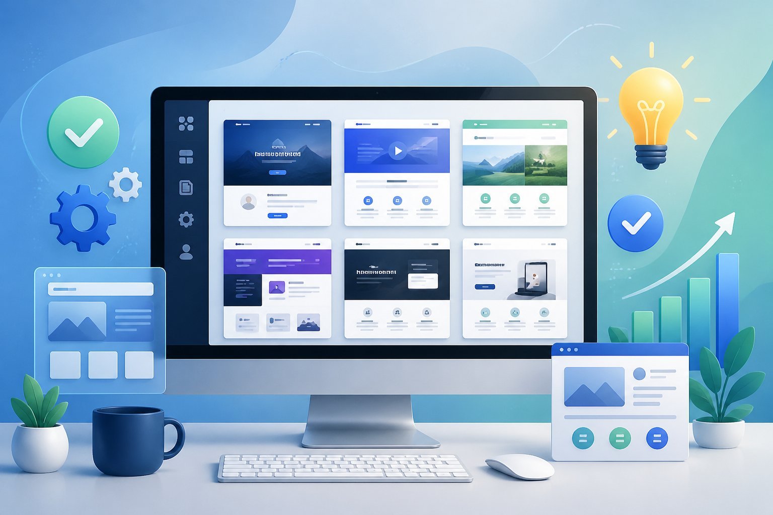 A digital workspace with a computer displaying webpage templates and icons representing ease of use and effectiveness.