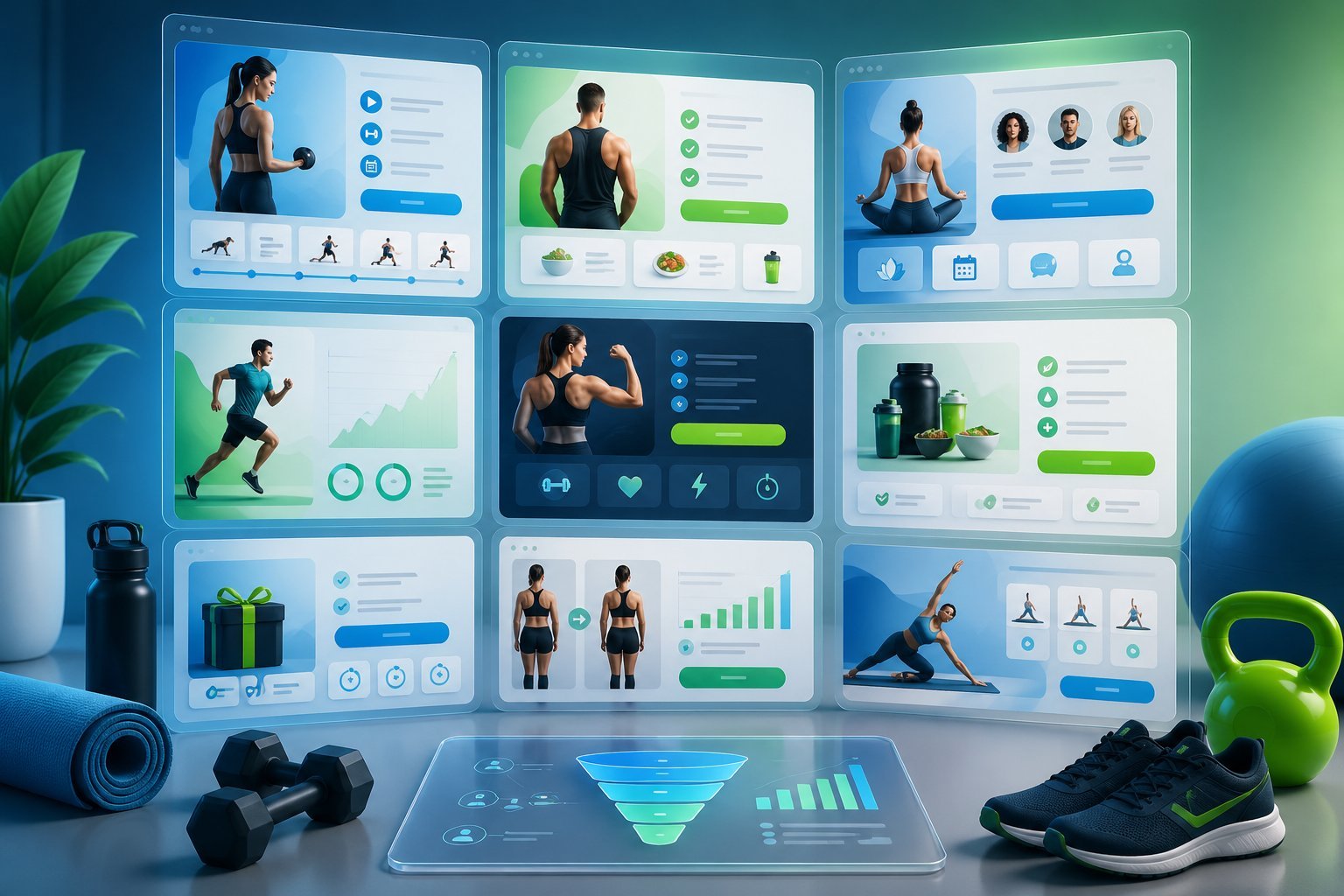 A digital workspace showing multiple floating screens with different fitness funnel designs and fitness-related icons like dumbbells and running shoes.