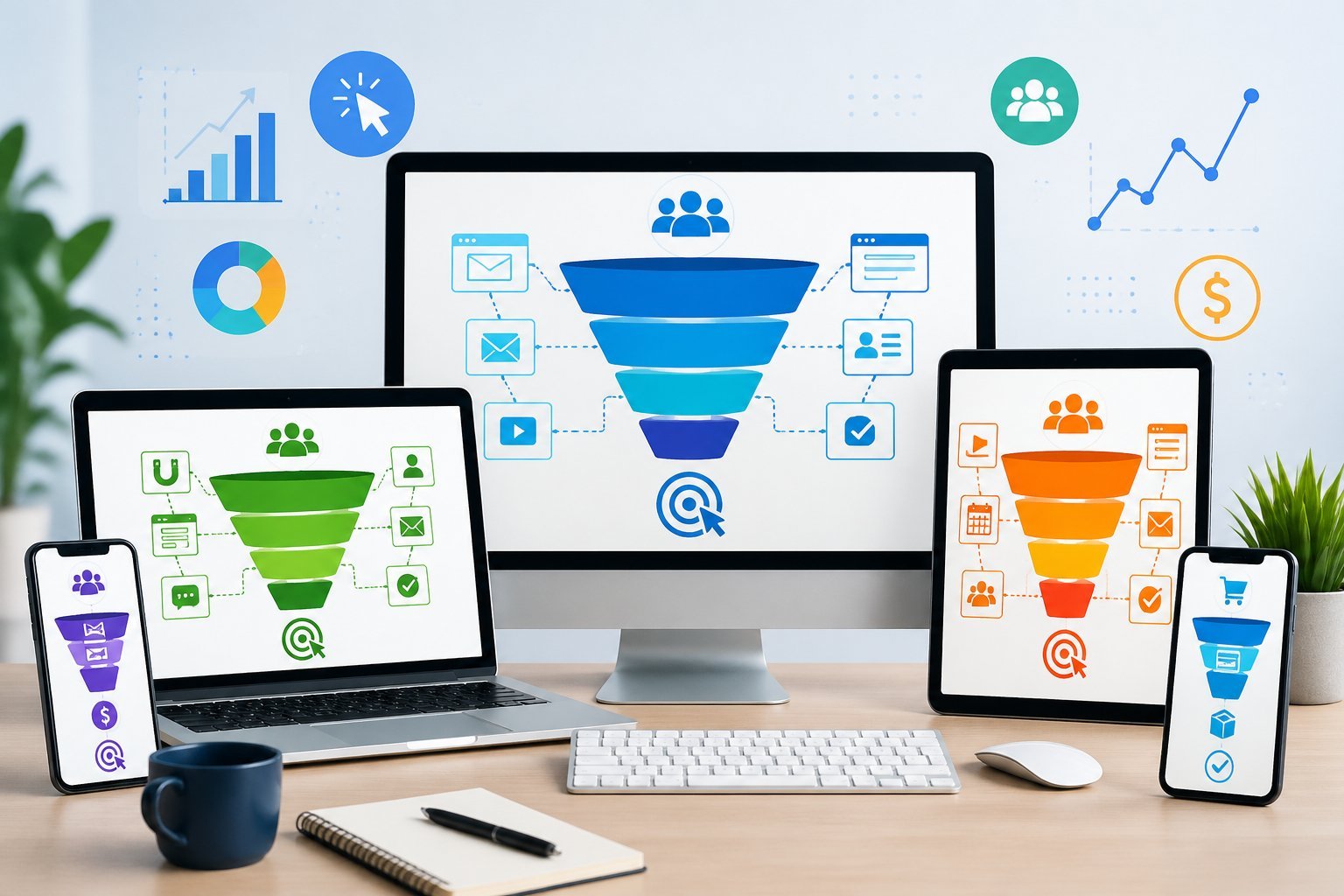 A workspace showing multiple devices displaying different types of digital marketing funnel templates represented by colorful flowcharts and segmented layers.