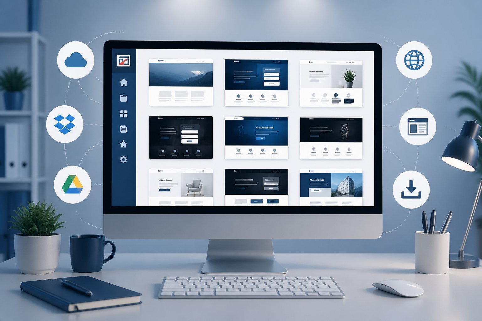 A digital workspace with a computer screen showing various website template thumbnails and icons representing online sources and downloads.