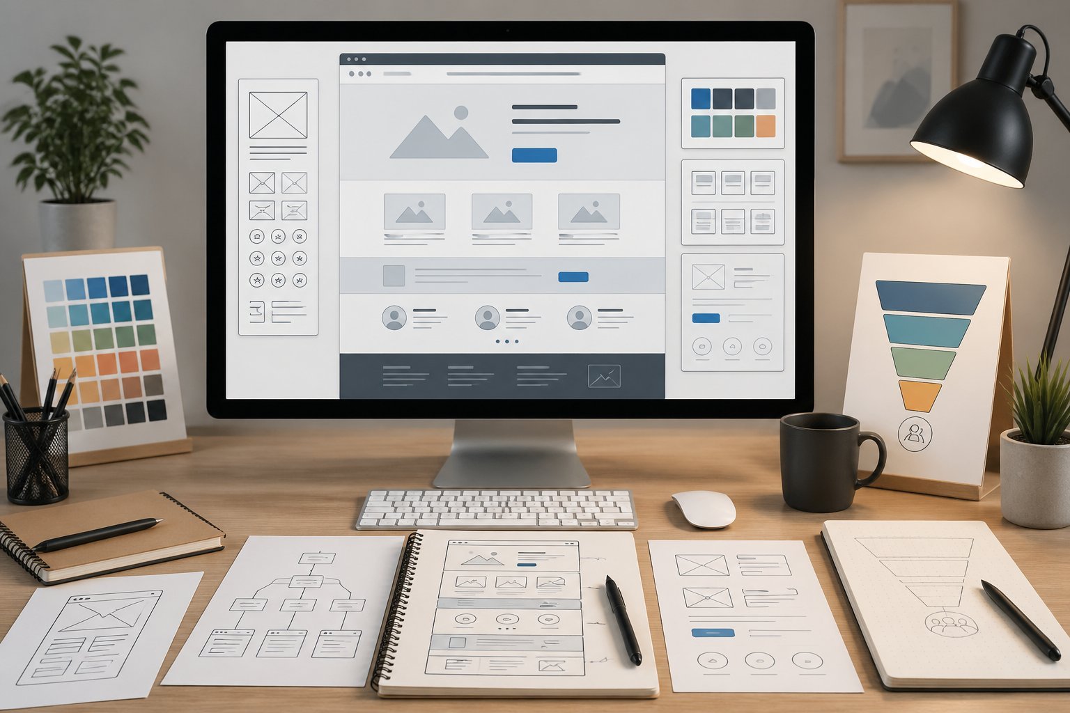 A workspace showing a computer screen with a webpage wireframe layout and design elements around it, illustrating key components of free website templates.