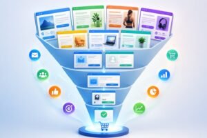 Illustration of multiple web pages connected in a funnel shape showing stages of an online sales process with icons representing marketing and user engagement.