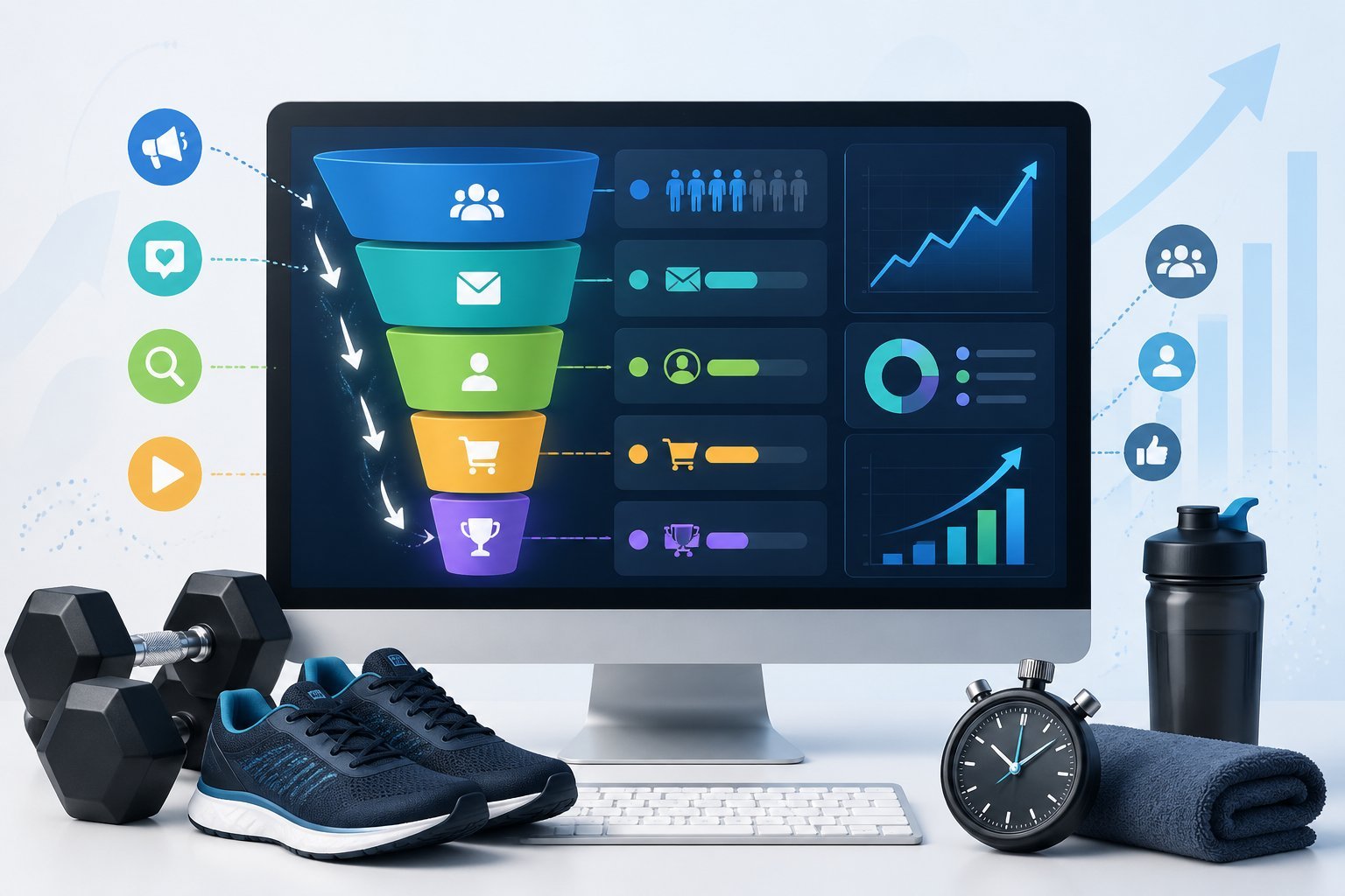 A computer screen showing a fitness sales funnel dashboard surrounded by fitness equipment and marketing icons representing a successful fitness business process.