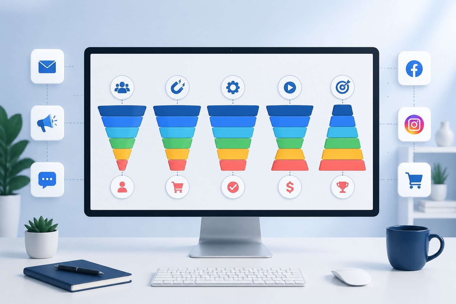 A workspace showing a computer screen with several colorful funnel diagrams representing different marketing funnel templates.