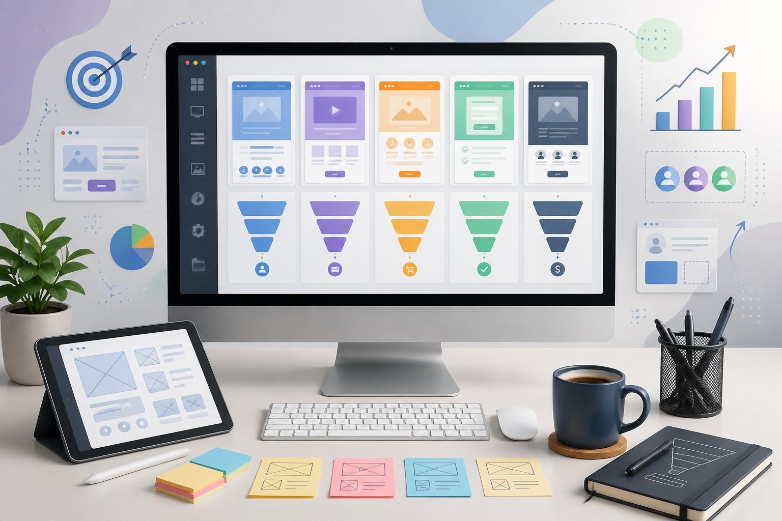 A workspace with a computer screen showing webpage layouts and funnel templates, surrounded by design tools and digital marketing icons.
