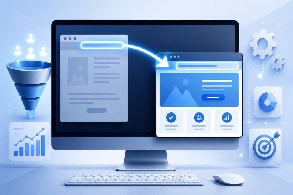 A computer screen showing a web browser with a glowing arrow moving from one URL to another, surrounded by marketing funnel icons.
