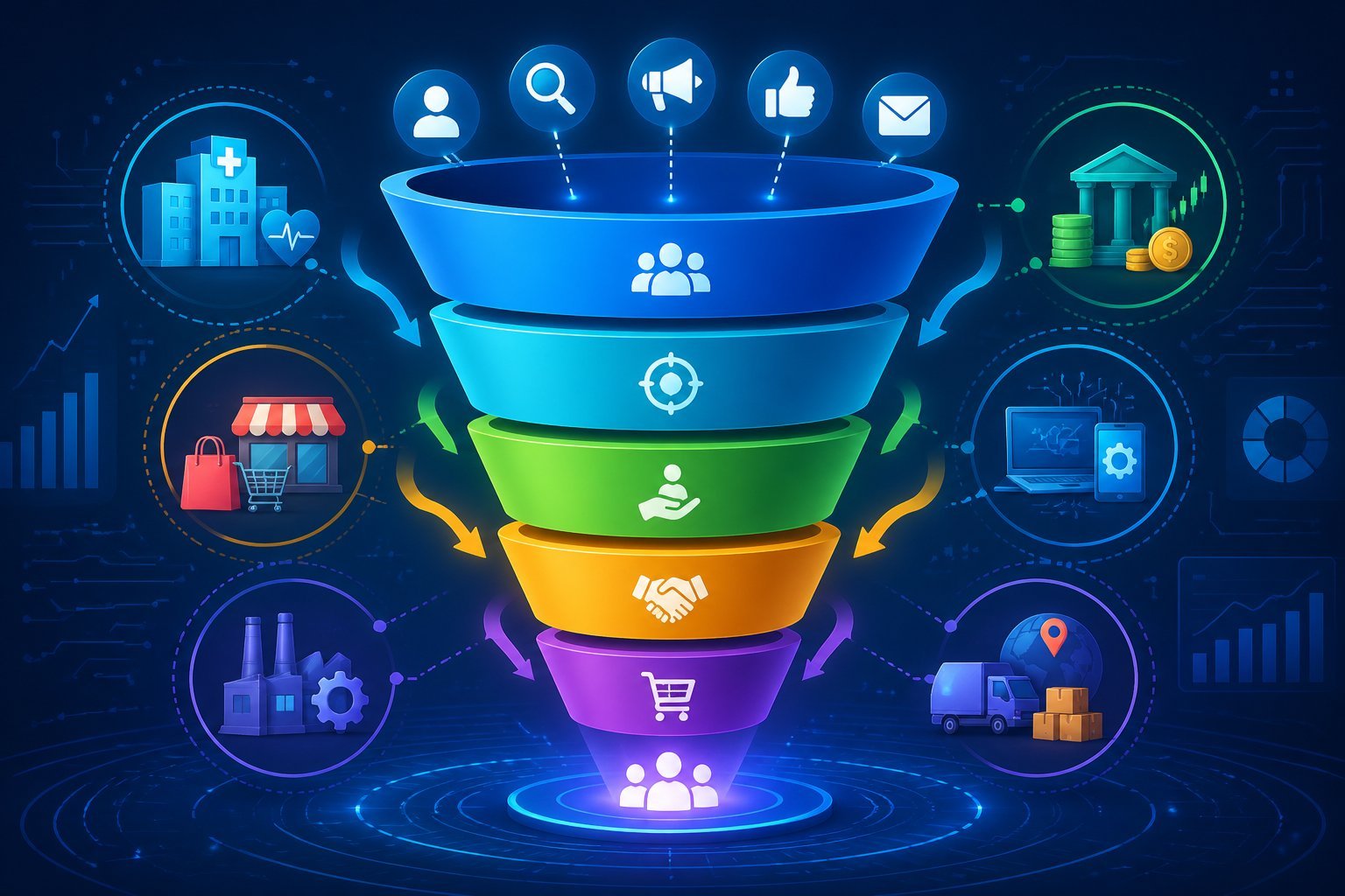 An illustration of a multi-stage digital marketing funnel surrounded by icons representing different industries like healthcare, finance, retail, and technology.