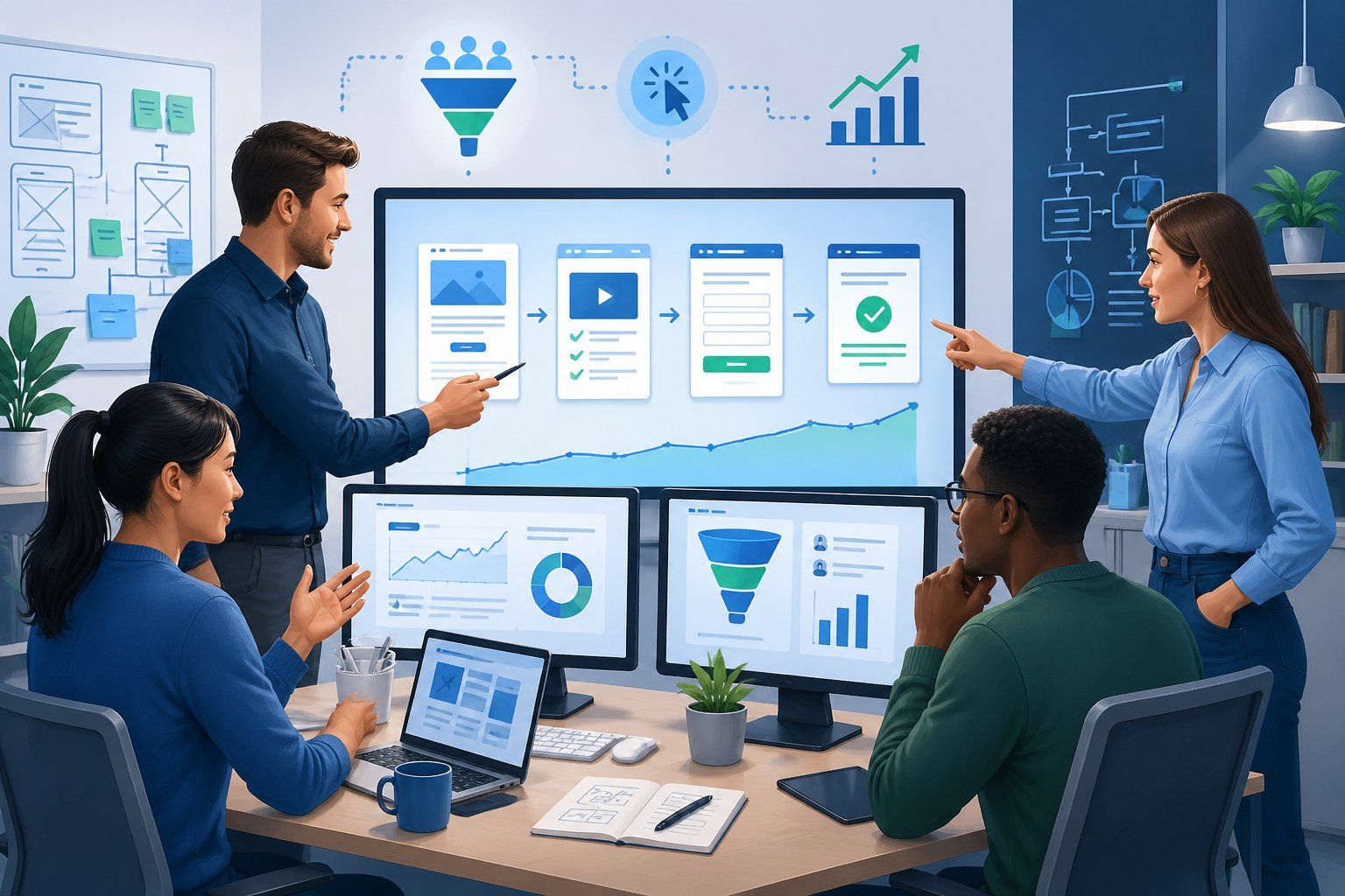 A team of professionals collaborating at a desk with computer screens showing funnel templates and charts about conversion rates.