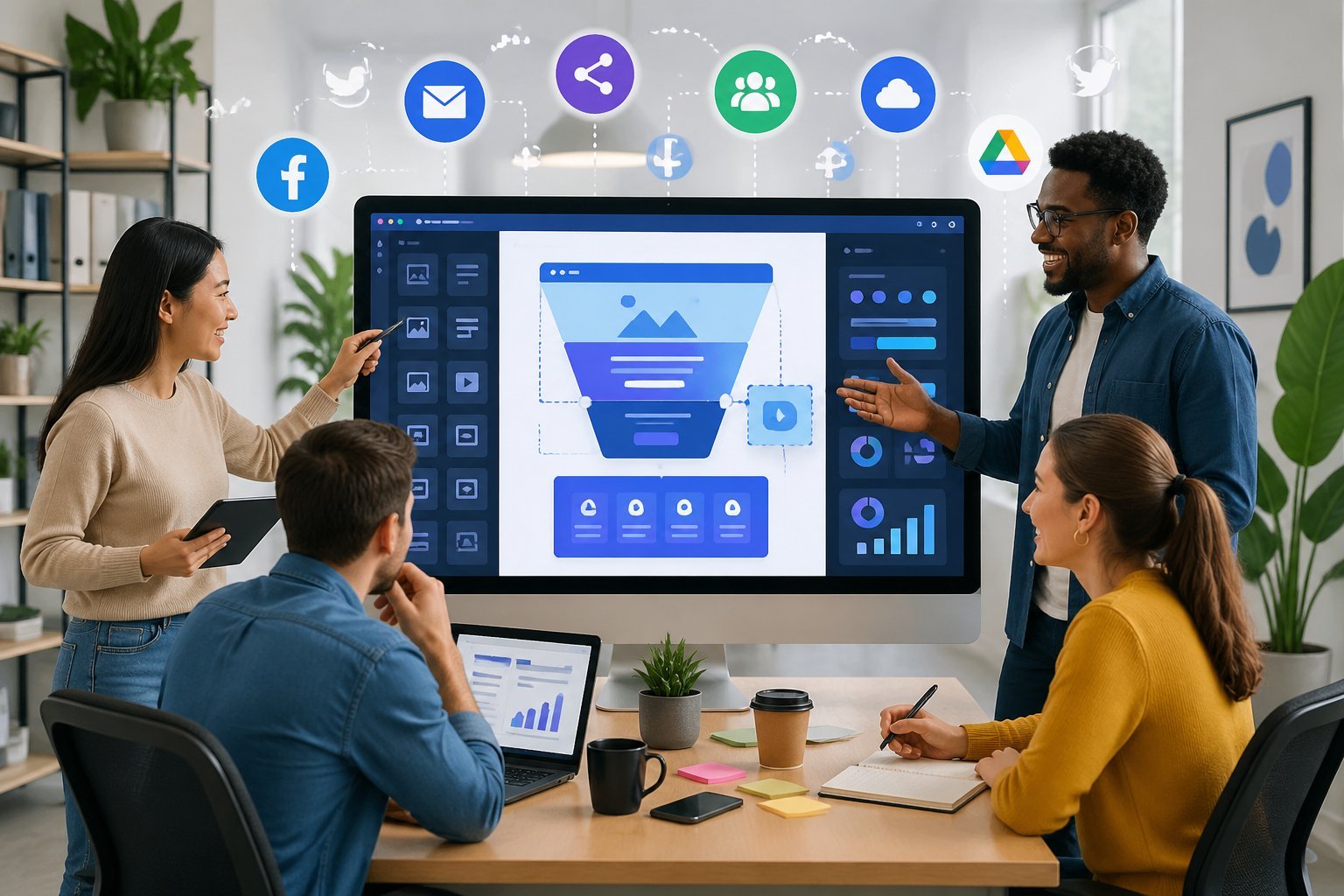 A group of people working together around a computer screen displaying a funnel template interface with icons representing sharing options.