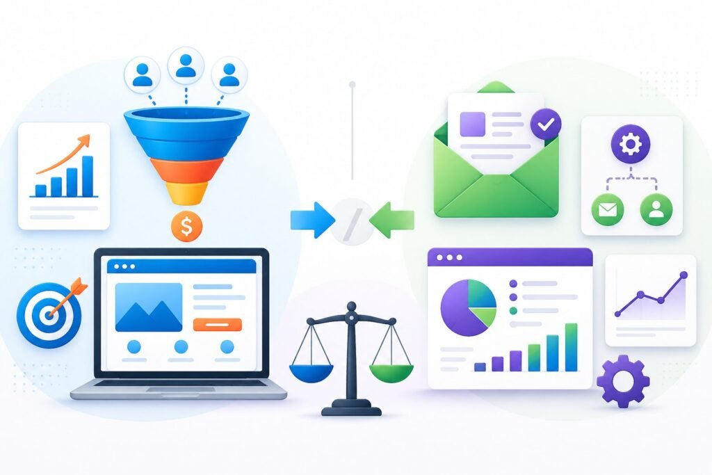Two side-by-side sections showing marketing icons representing a sales funnel and landing page on the left, and email automation and analytics on the right, illustrating a comparison between two platforms.