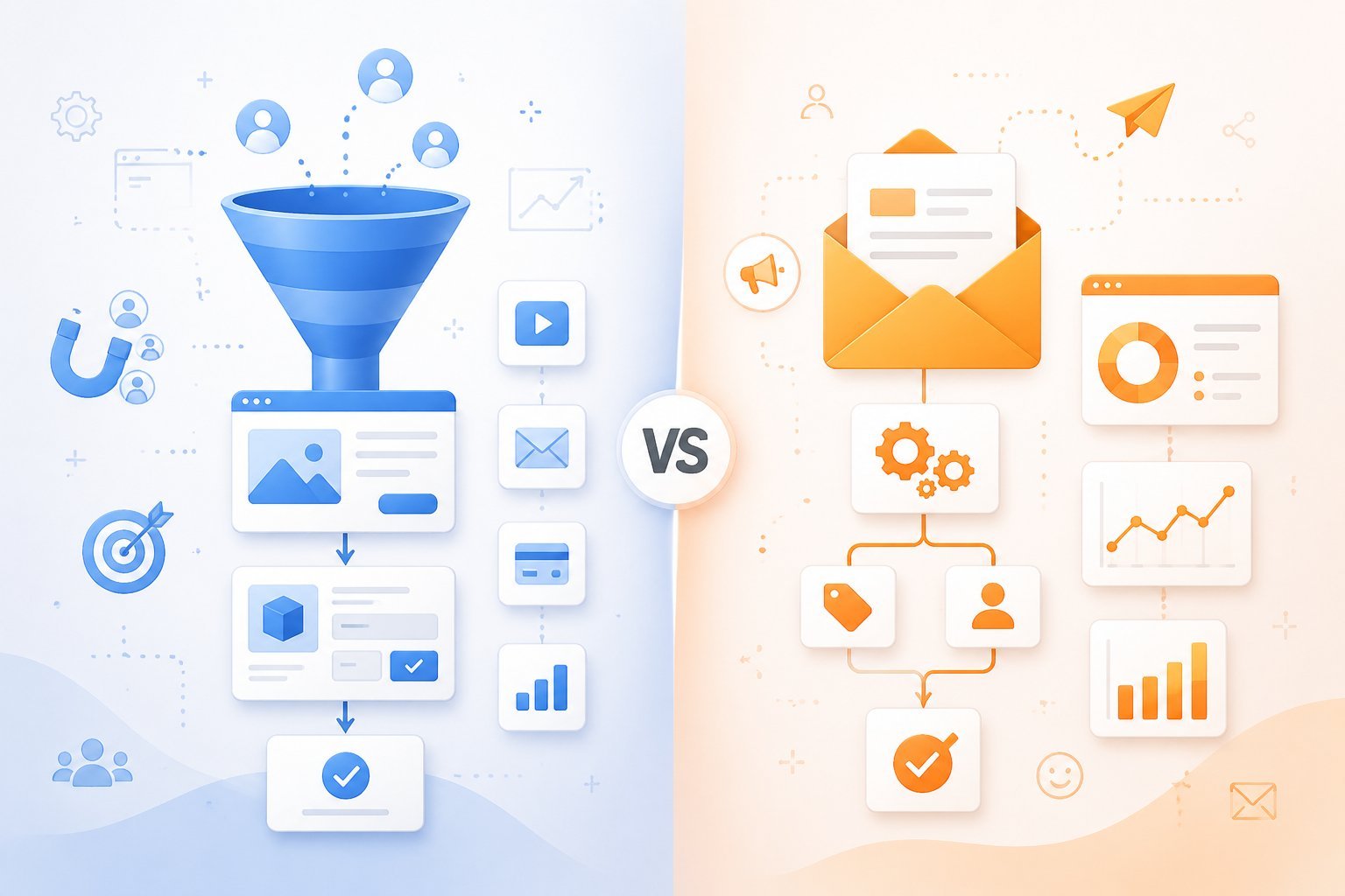 A split illustration comparing two digital marketing platforms with sales funnel elements on one side and email marketing icons on the other.