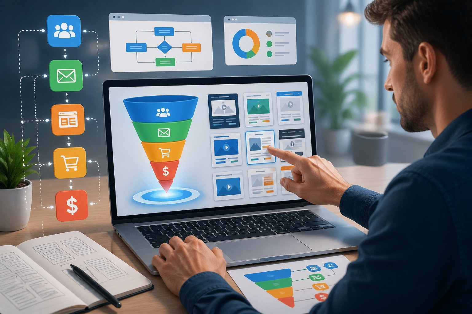 A person working on a laptop selecting a marketing funnel template, surrounded by icons and diagrams representing funnel steps.