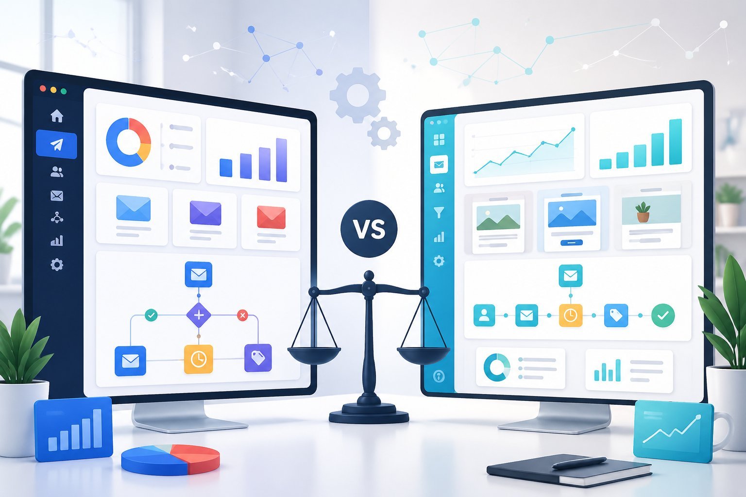 Two side-by-side digital dashboards comparing email marketing and automation tools with charts and flow diagrams in a modern office setting.