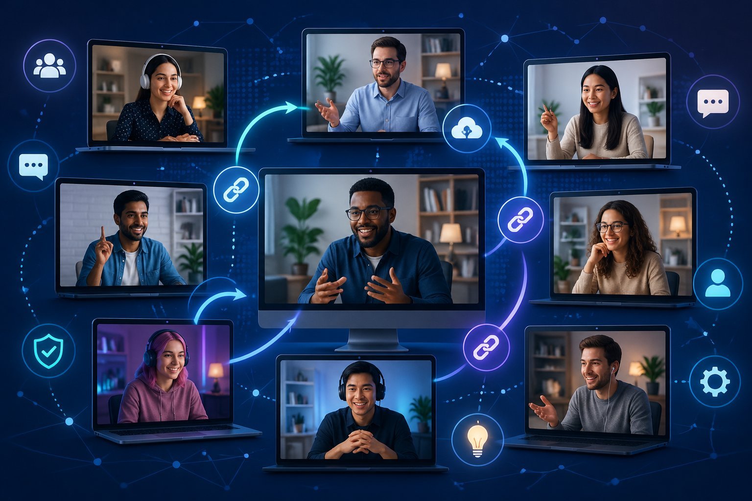 A group of people connected through computers in a virtual meeting, sharing ideas and working together with arrows and links symbolizing URL redirects.