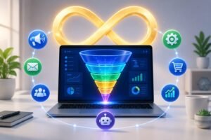 A workspace with a laptop showing interconnected funnel stages and floating marketing icons, with a glowing infinity symbol in the background.
