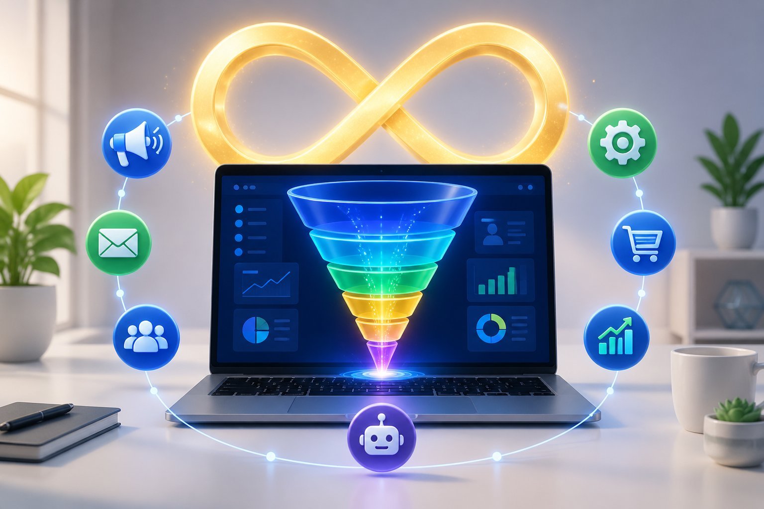 A workspace with a laptop showing interconnected funnel stages and floating marketing icons, with a glowing infinity symbol in the background.