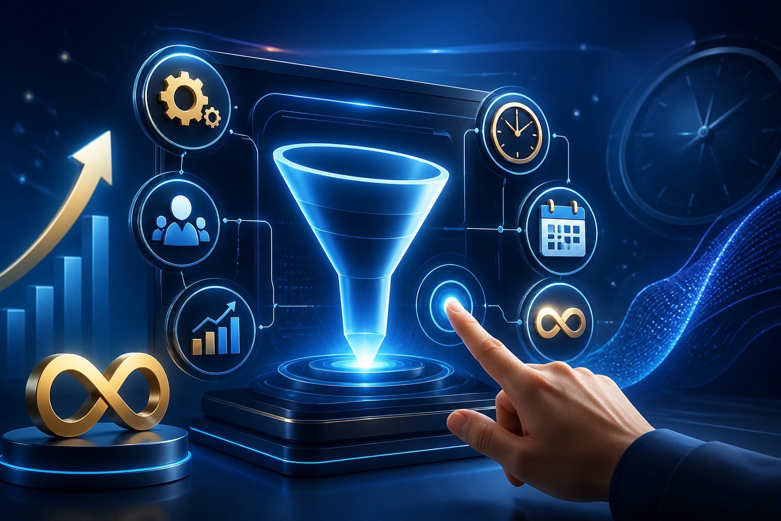 A hand interacting with a digital funnel icon surrounded by gears, clocks, and calendar symbols representing a lifetime deal concept.
