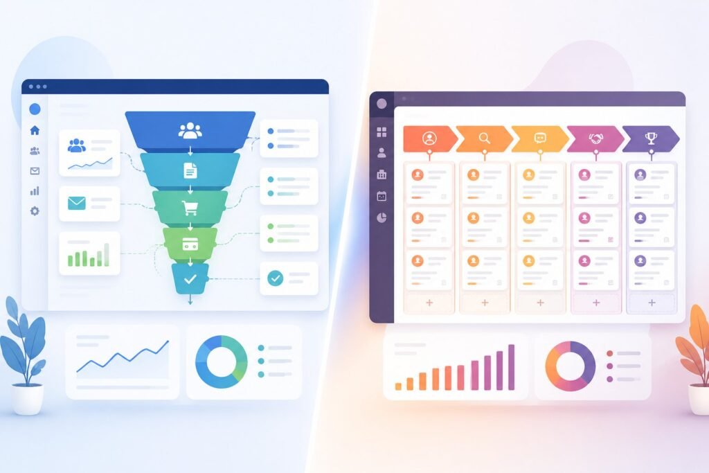A digital illustration showing two contrasting business software interfaces side by side: a vertical sales funnel on the left and a horizontal segmented pipeline on the right, highlighting a comparison between two workflow systems.