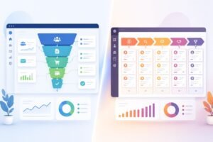 A digital illustration showing two contrasting business software interfaces side by side: a vertical sales funnel on the left and a horizontal segmented pipeline on the right, highlighting a comparison between two workflow systems.