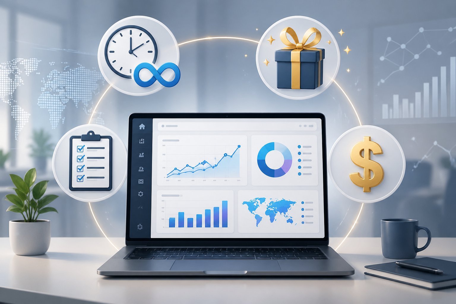 A laptop showing marketing analytics surrounded by icons representing lifetime access, bonuses, key features, and value in a modern office setting.