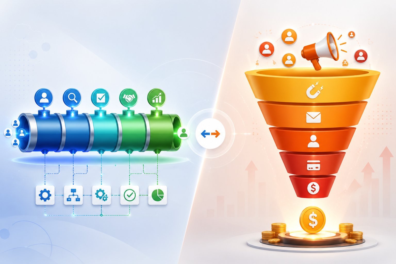 Two side-by-side illustrations comparing Pipeline Pro and ClickFunnels, showing a modern pipeline on the left and a multi-step sales funnel on the right with icons representing workflow and marketing stages.