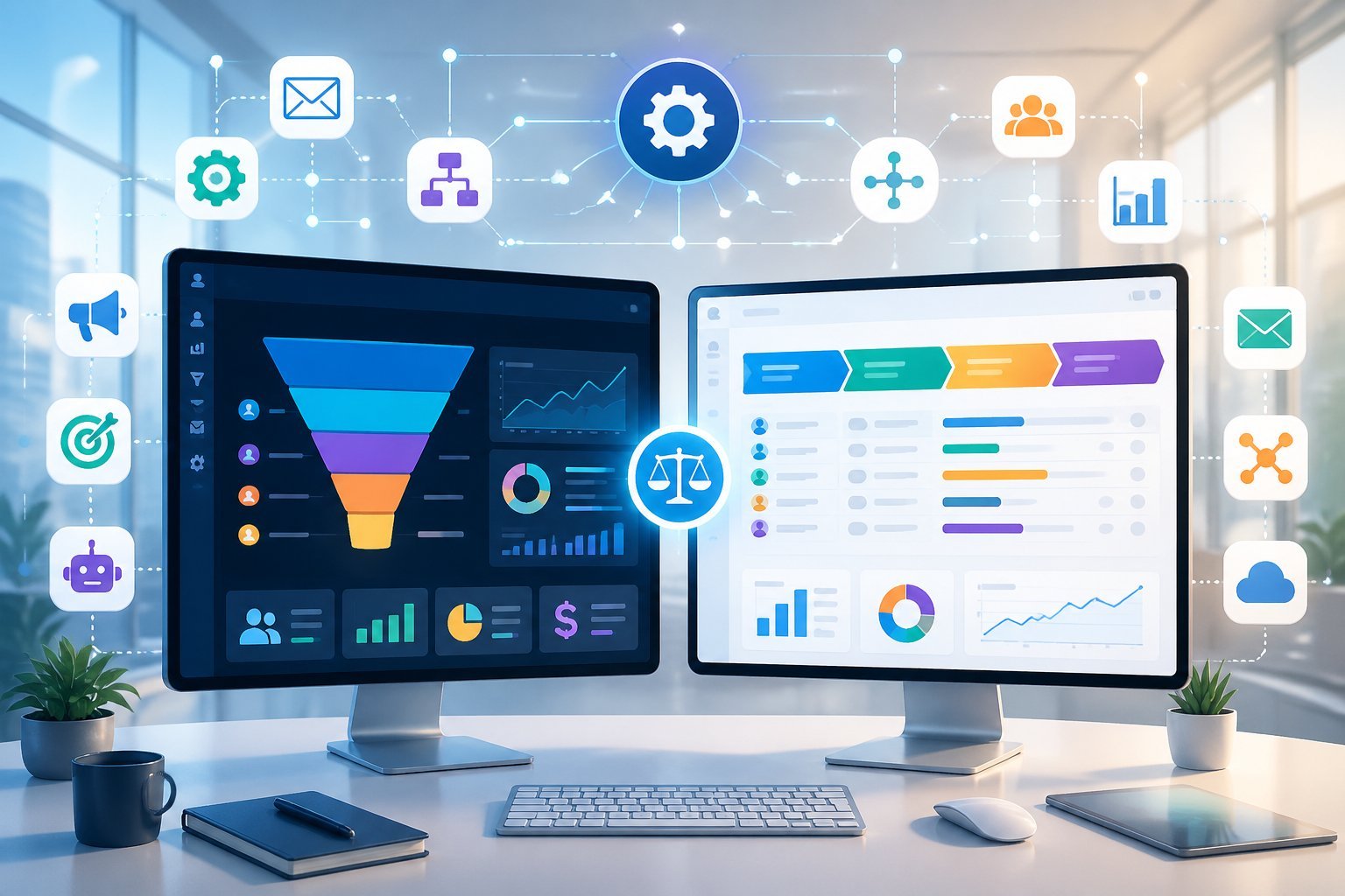 A workspace with two computer screens showing colorful dashboards comparing marketing and sales software, surrounded by icons representing automation and integrations.