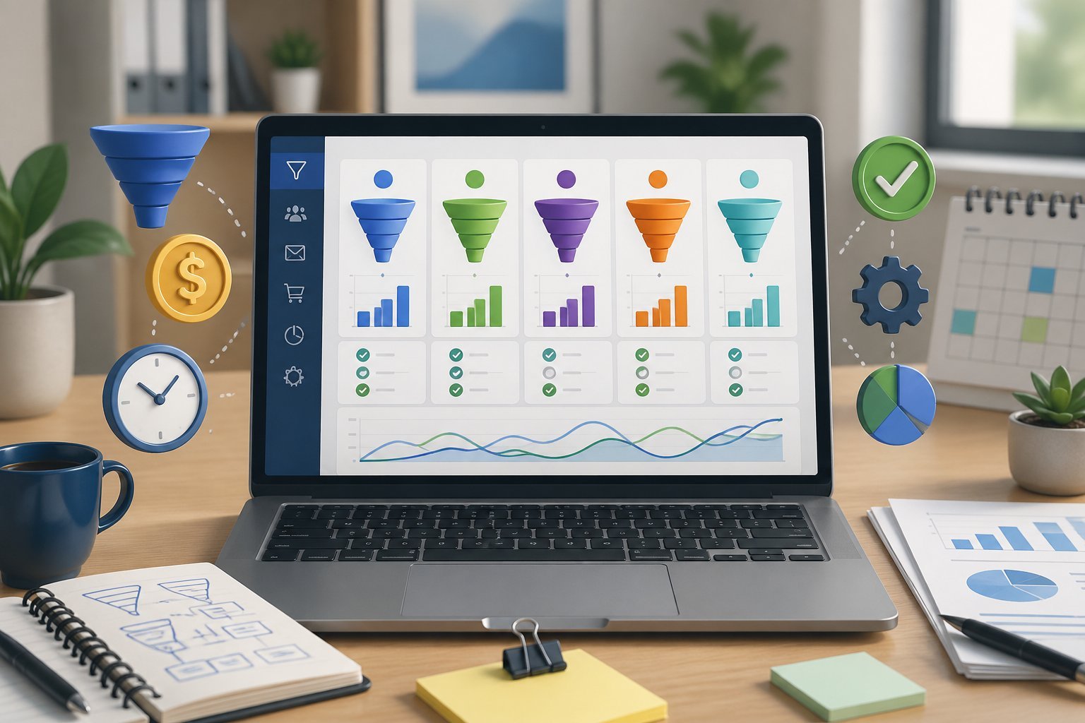 A workspace with a laptop showing charts comparing marketing funnel tools, surrounded by icons representing funnels, money, and time.