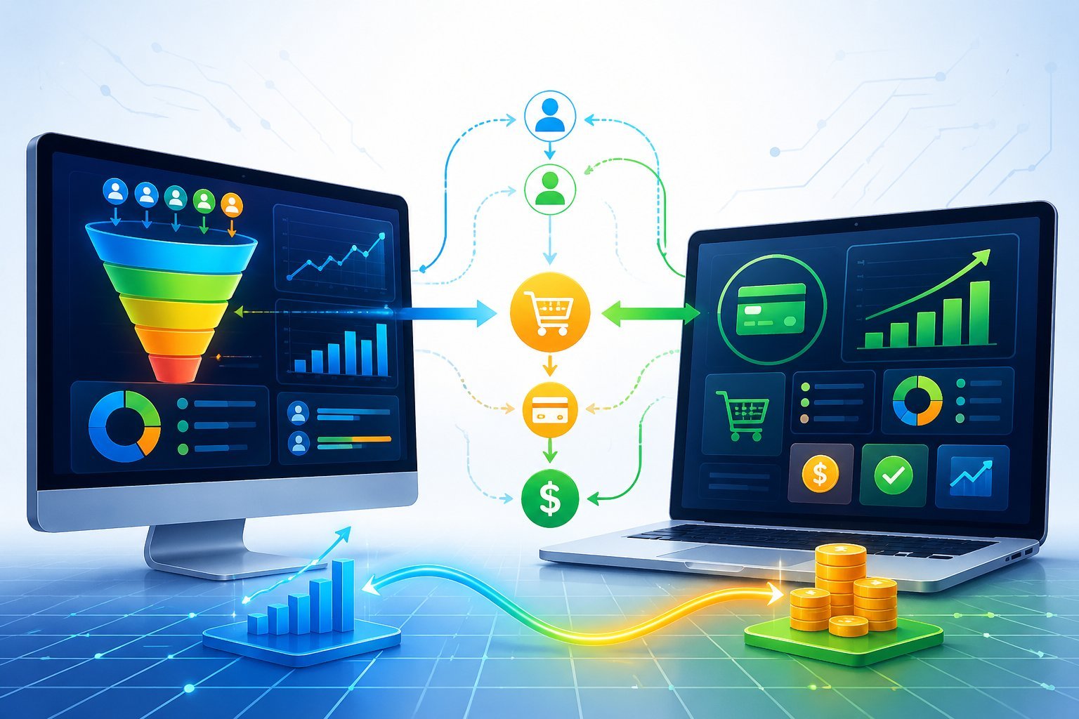 Two computer screens showing colorful dashboards with graphs and payment icons connected by arrows and flowcharts representing ecommerce and monetization tools.