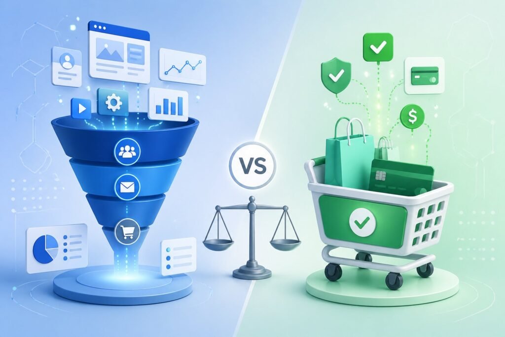 An illustration showing a comparison between two digital sales platforms, with a funnel on the left and a shopping cart on the right, connected by a balanced scale symbol.