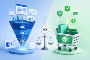 An illustration showing a comparison between two digital sales platforms, with a funnel on the left and a shopping cart on the right, connected by a balanced scale symbol.