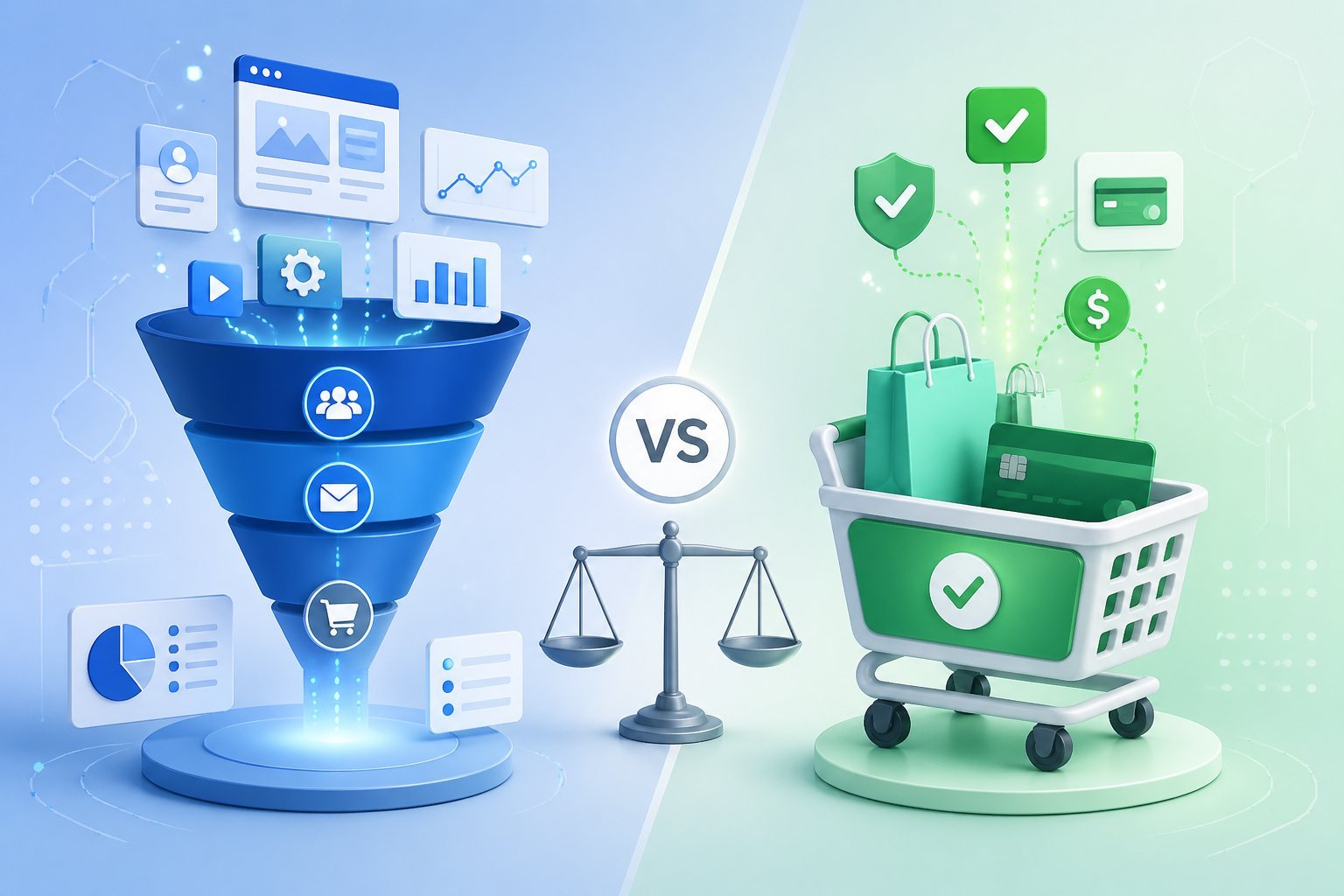 An illustration showing a comparison between two digital sales platforms, with a funnel on the left and a shopping cart on the right, connected by a balanced scale symbol.