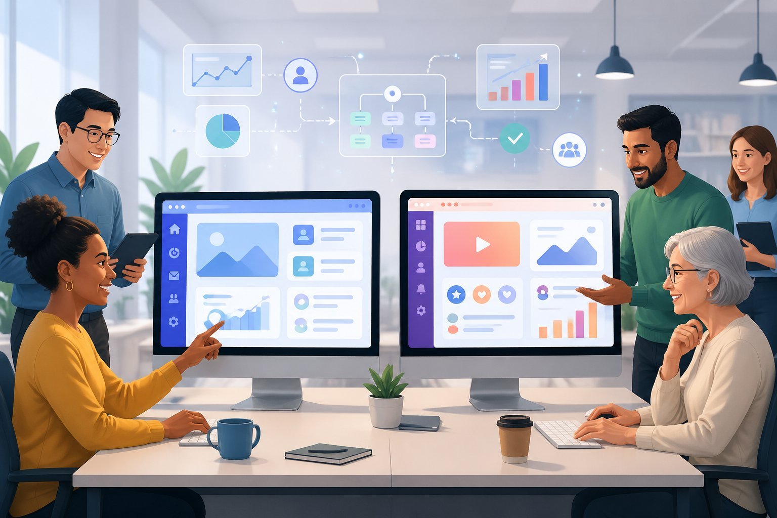 Two computer screens side by side showing user-friendly interfaces with diverse people interacting confidently in a modern office setting.