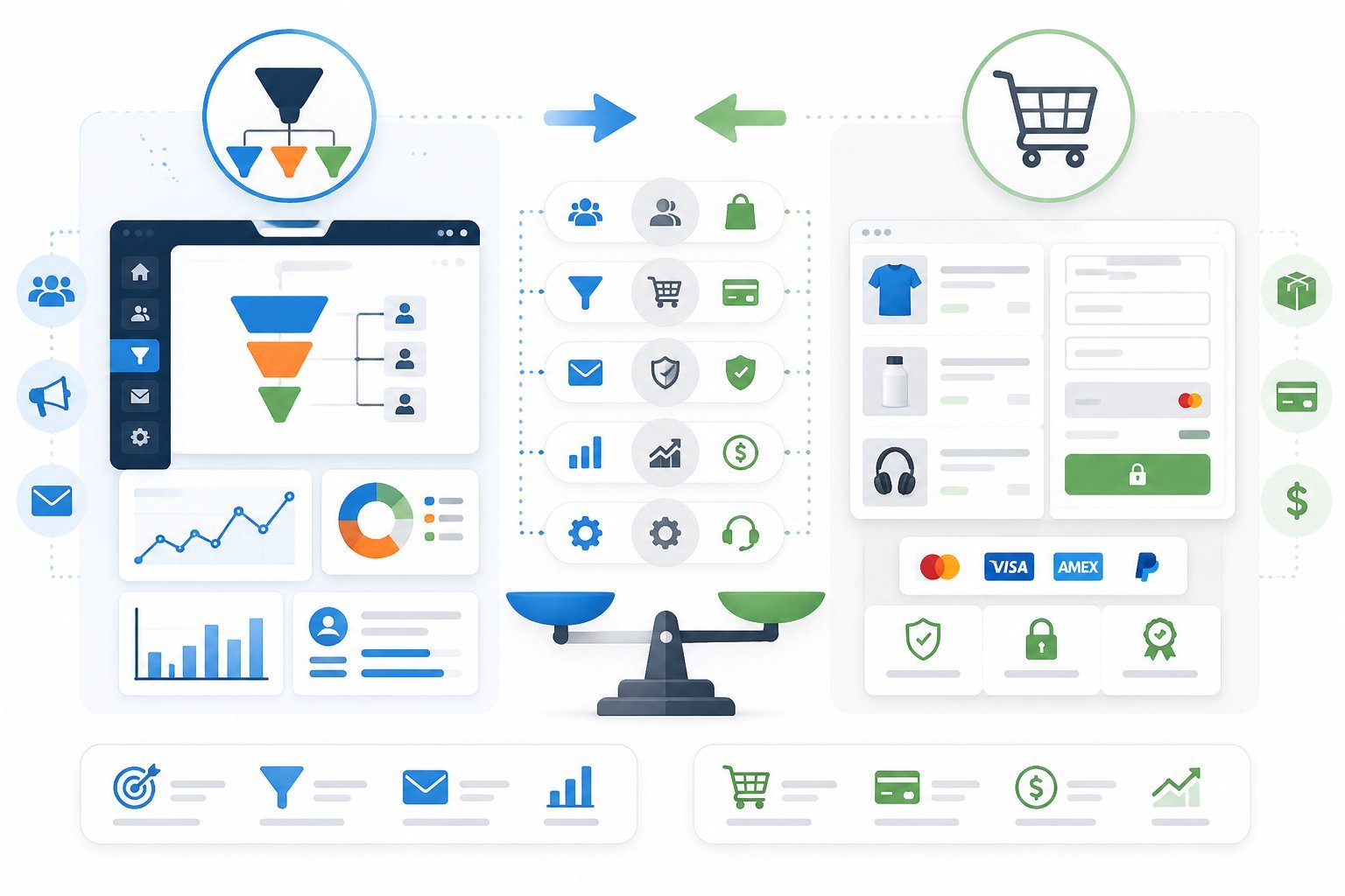 Illustration showing a comparison between two online sales platforms, one side with funnel and marketing icons, the other side with shopping cart and e-commerce elements, separated by arrows indicating differences.