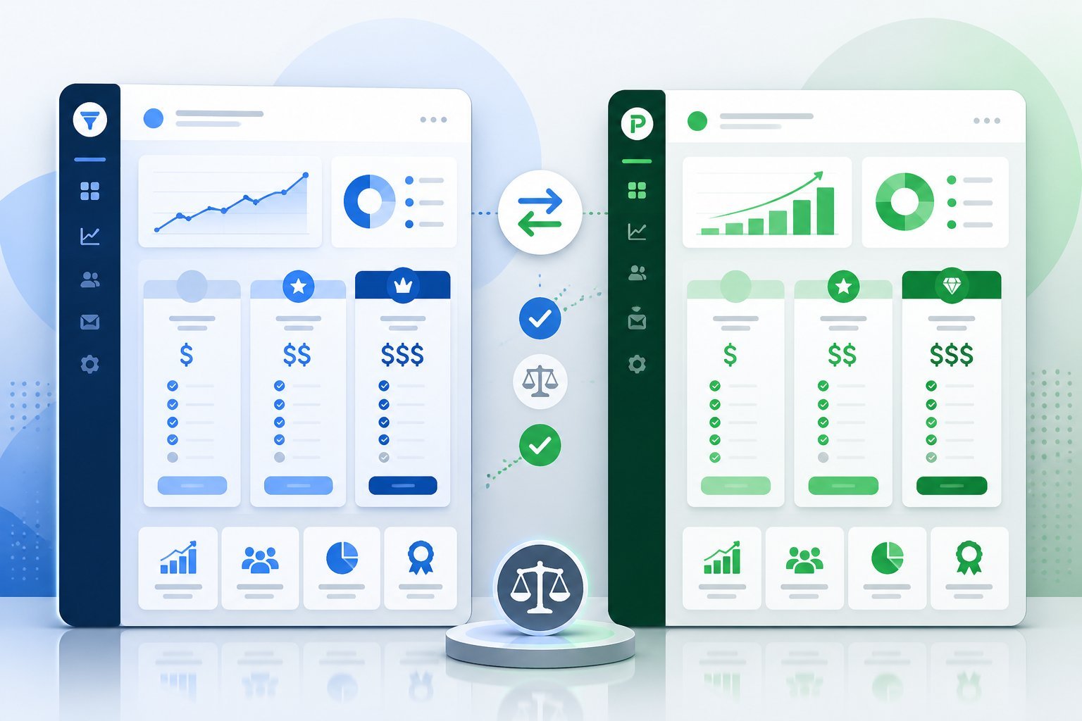A side-by-side comparison of two digital marketing platform dashboards showing pricing and plan details with charts and icons.