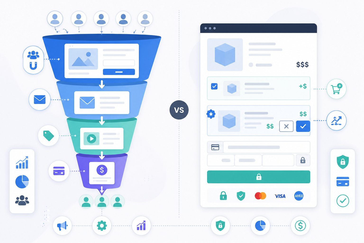A digital illustration showing a comparison between two online sales platforms, with a multi-stage sales funnel on the left and a streamlined checkout page on the right, including icons for marketing, analytics, and payment security.
