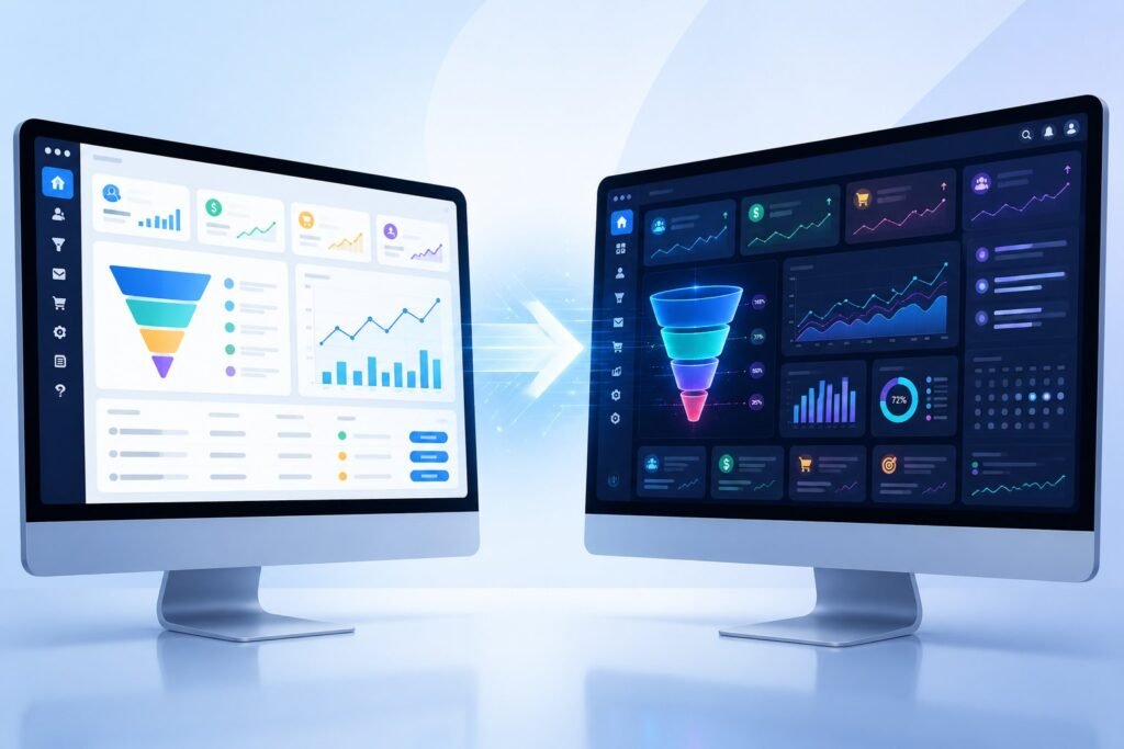 Two computer monitors side by side showing different software dashboards, one representing an original version and the other a newer, more advanced version, with visual cues indicating improvement.