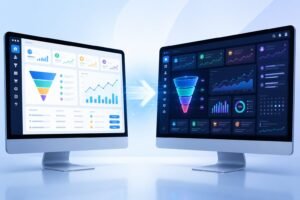 Two computer monitors side by side showing different software dashboards, one representing an original version and the other a newer, more advanced version, with visual cues indicating improvement.