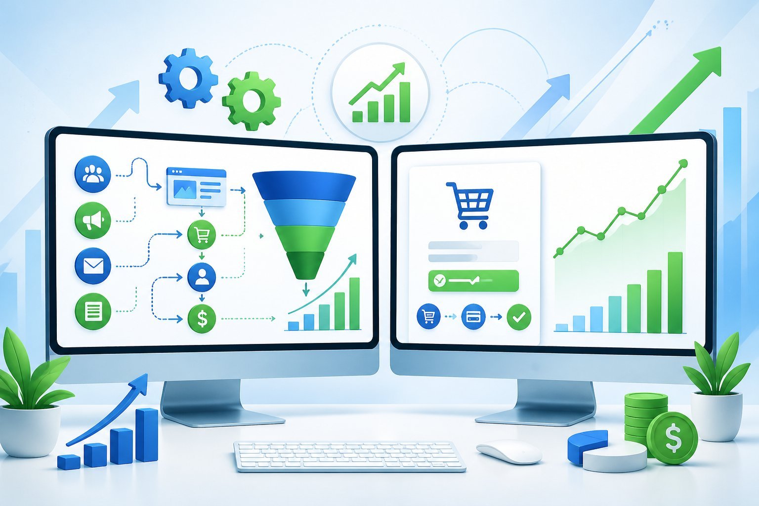 Two computer screens side by side showing abstract sales funnels and checkout processes with symbols of growth and optimization on a clean desk.