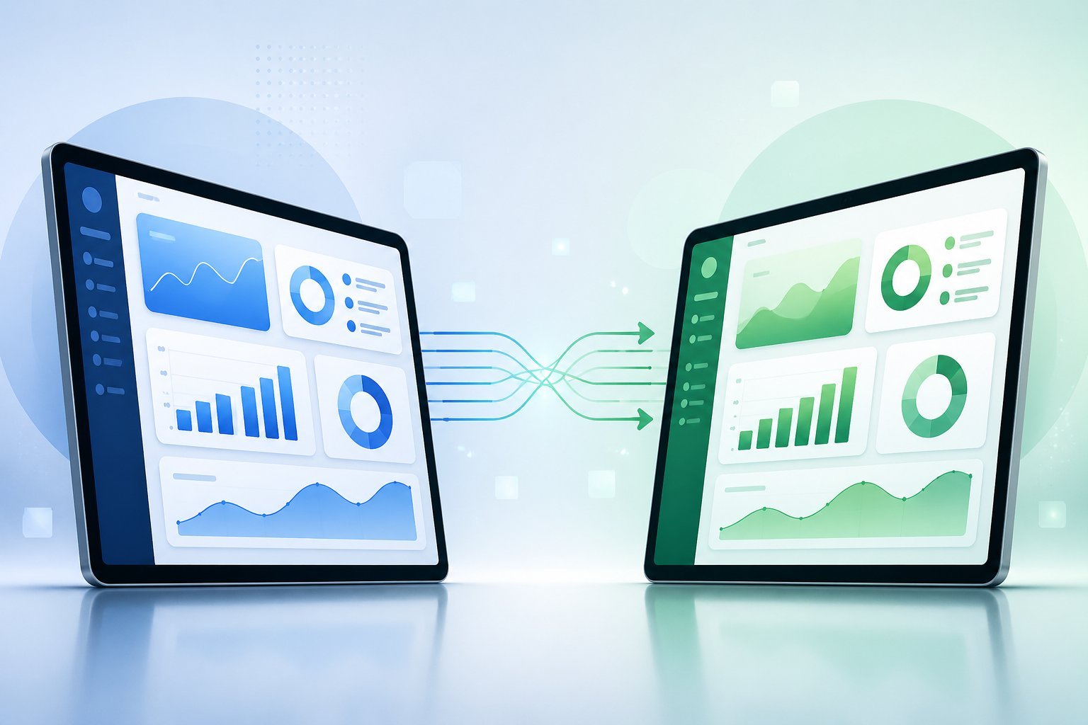 Two computer screens side by side showing abstract user interfaces with charts and graphs, connected by arrows to illustrate comparison between two digital platforms.