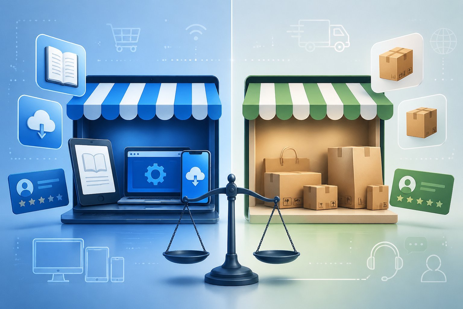 Two modern storefronts side by side representing digital and physical product support with icons of digital products, physical packages, and membership cards, connected by a balanced scale symbolizing comparison.