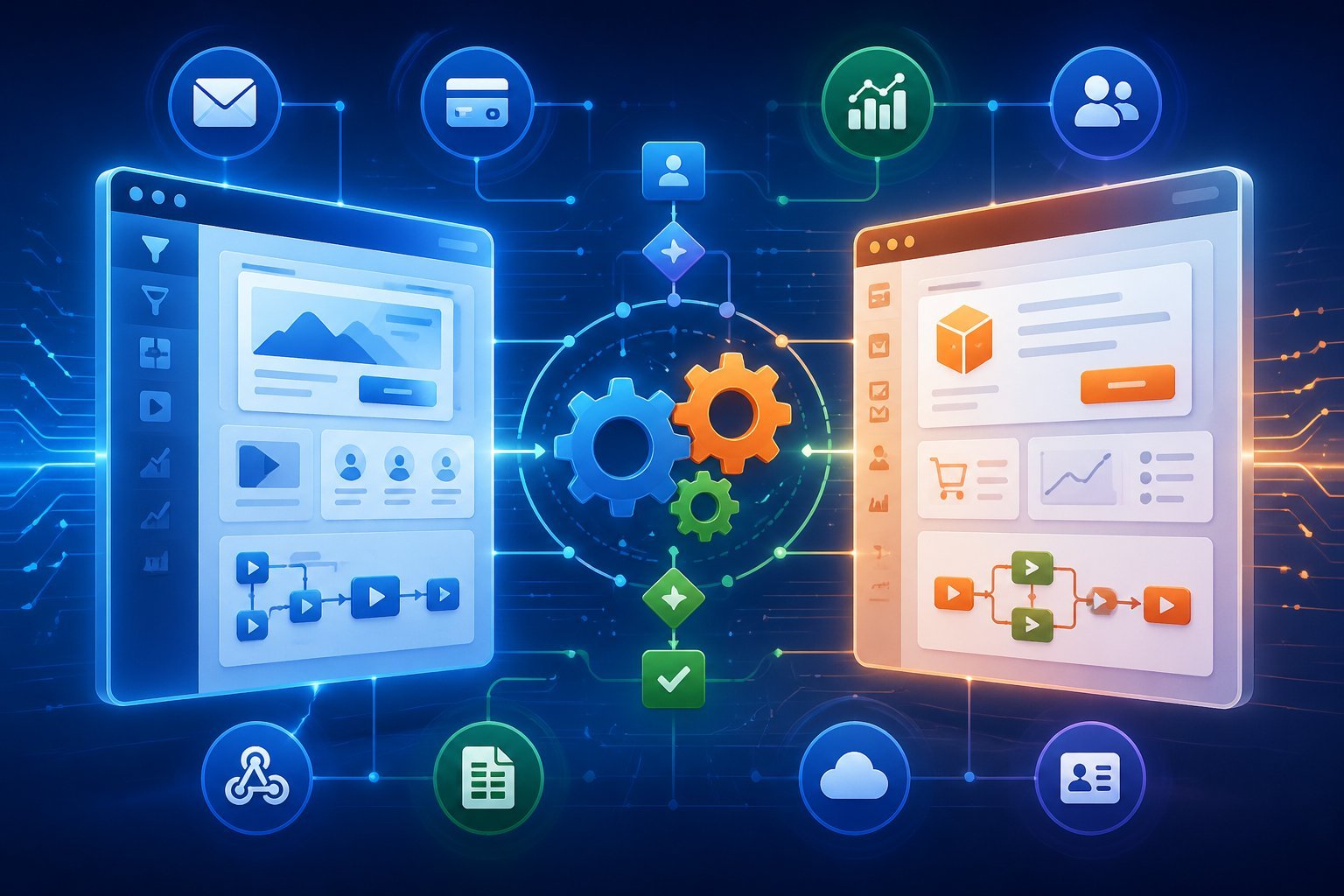 Two digital interface windows side by side connected by gears and flowcharts representing integration and automation between sales funnel platforms.