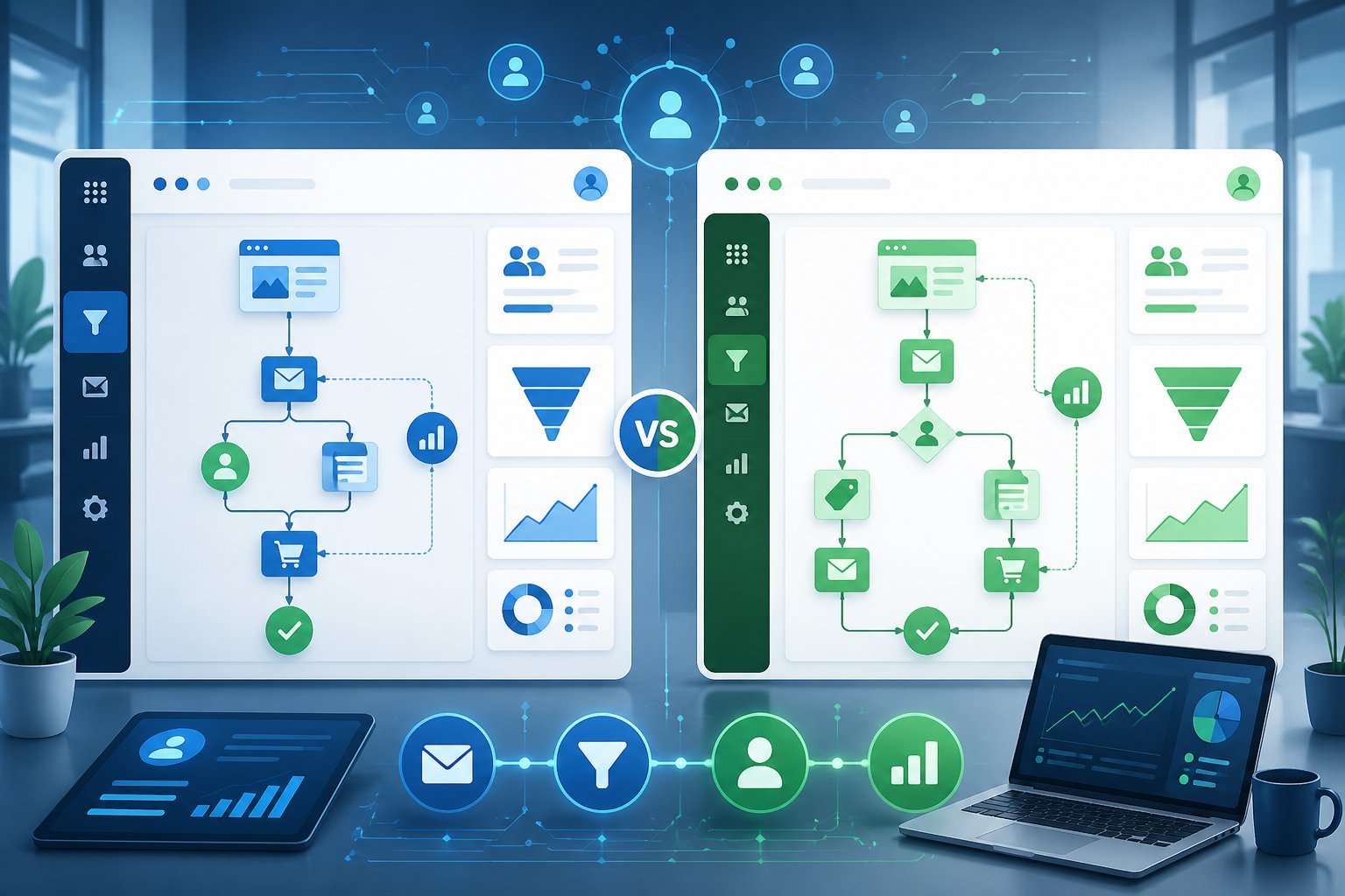 Two side-by-side digital dashboards showing interconnected flowcharts and icons representing marketing automation, CRM, and sales workflows in a modern office setting.