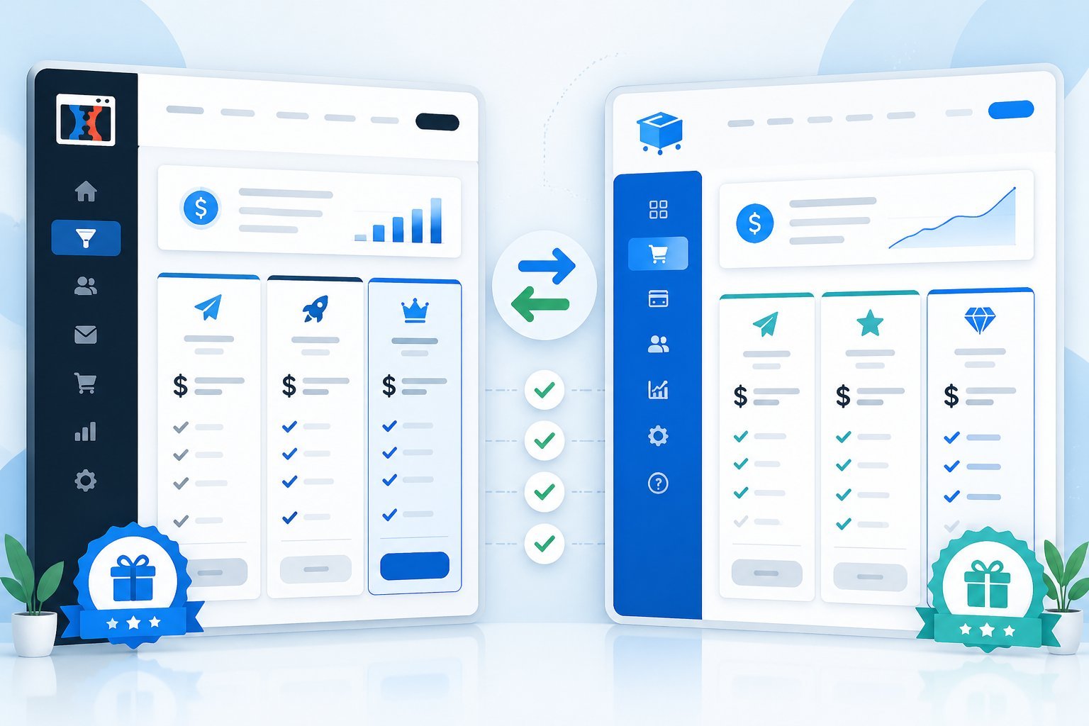 Two side-by-side digital dashboards comparing pricing plans and free trial options of two e-commerce platforms.