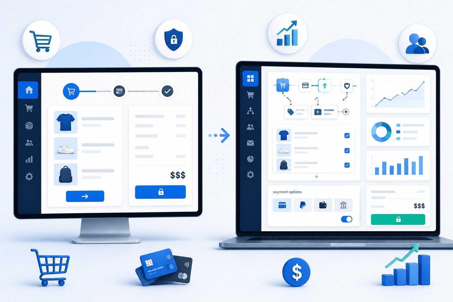 Two computer screens side by side showing different versions of an e-commerce checkout interface with icons representing shopping carts, payments, and analytics.