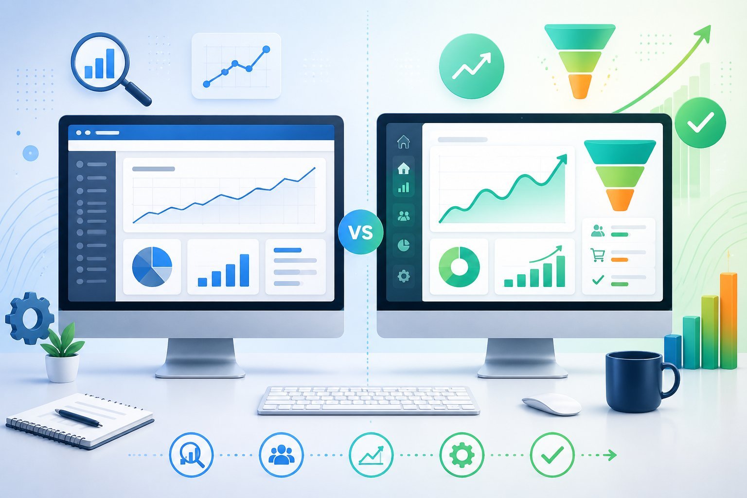 Two computer screens side by side displaying abstract charts and funnels representing performance and conversion optimization.